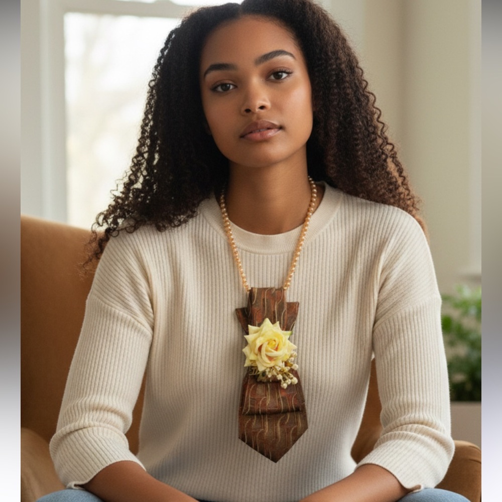 “Dainty Dapper”Elegant Brown and Cream necktie Necklace with Floral Accent